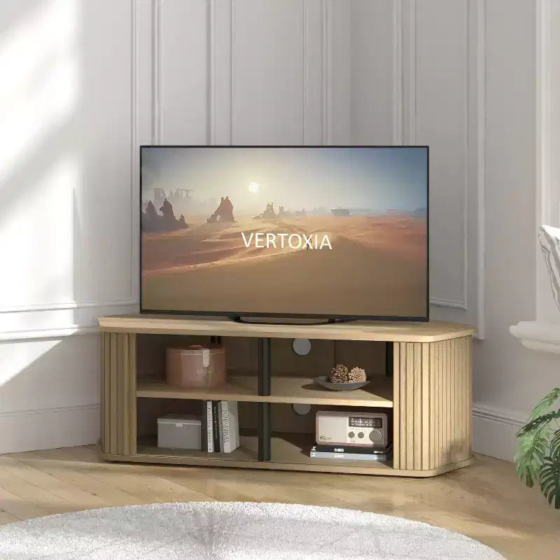 Mueble de TV esquinero de roble negro/roble Oslo/pergamino/nogal real con puertas estriadas, apto para televisores de hasta 50 pulgadas