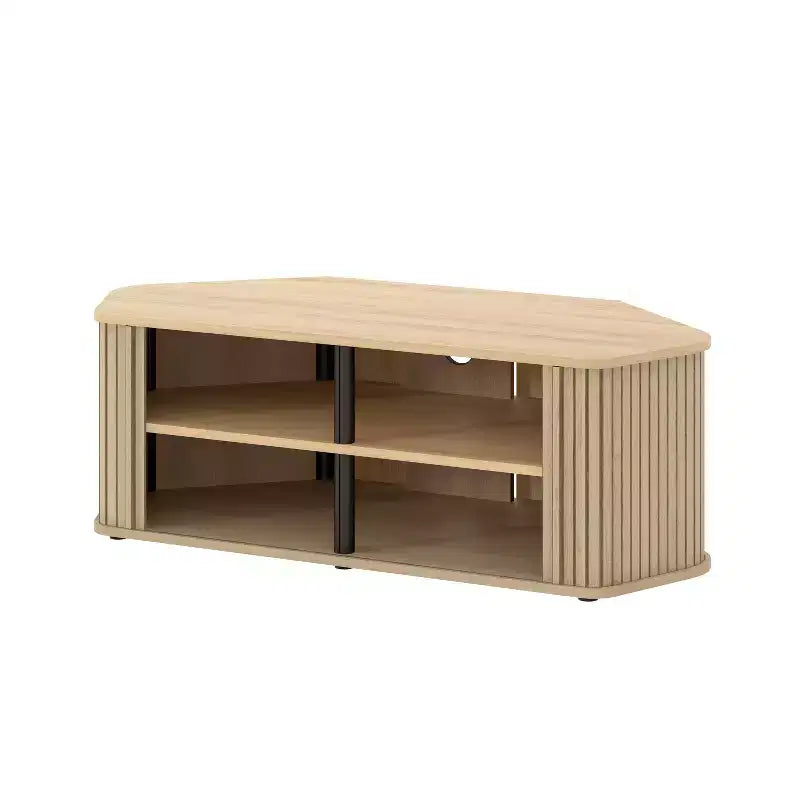 Mueble de TV esquinero de roble negro/roble Oslo/pergamino/nogal real con puertas estriadas, apto para televisores de hasta 50 pulgadas