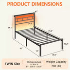Base de cama de plataforma doble de metal negro con luces LED, cabecero y estación de carga