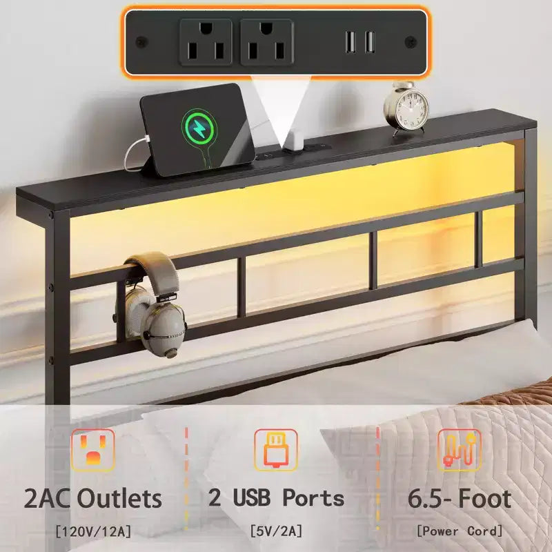 Base de cama de plataforma doble de metal negro con luces LED, cabecero y estación de carga