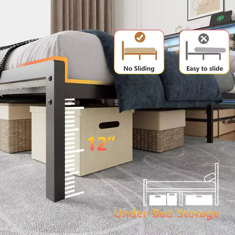 Base de cama de plataforma doble de metal negro con luces LED, cabecero y estación de carga