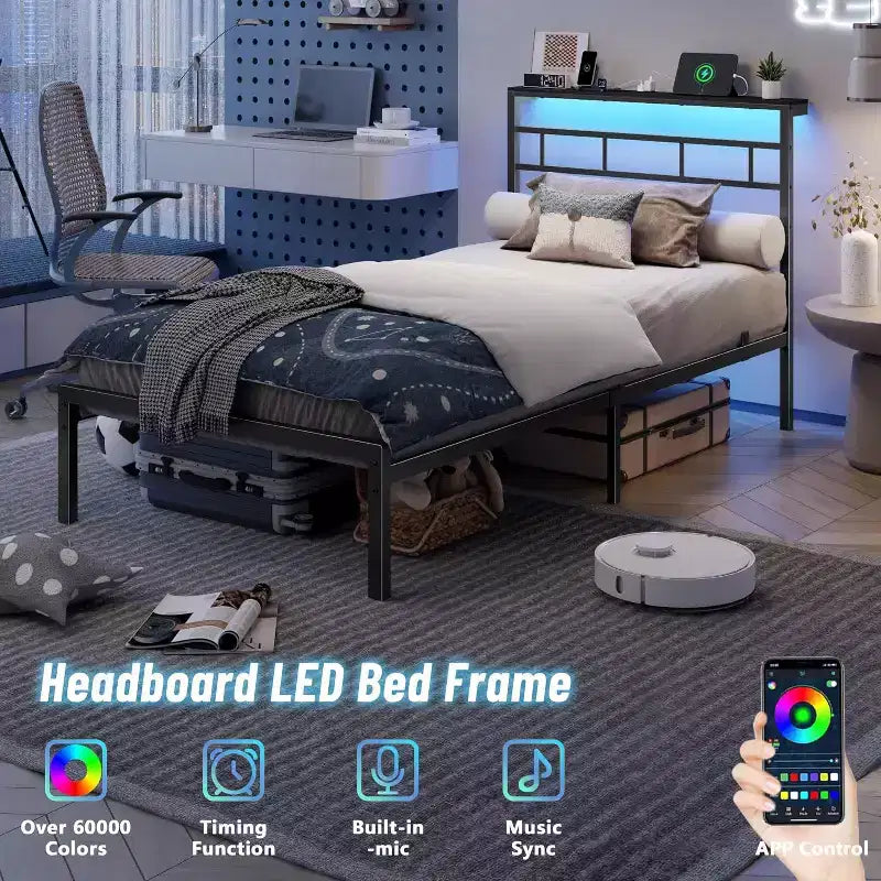 Base de cama de plataforma doble de metal negro con luces LED, cabecero y estación de carga