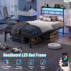 Base de cama de plataforma doble de metal negro con luces LED, cabecero y estación de carga