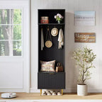 4-in-1 Entryway Bench with Shoe Storage & Coat Rack, 74 Hall Tree Organizer w/ 4 Gold Hooks, Cabinet & Farmhouse Design for Small Spaces
