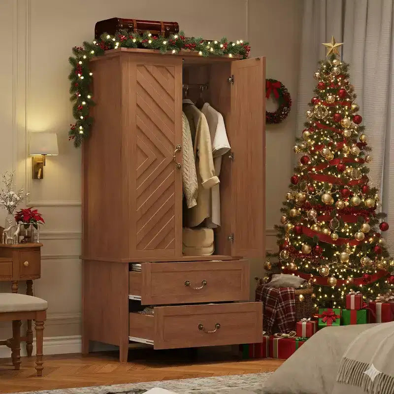 V Shape Armoire Wardrobe Closet with 2 Doors and 2 Drawers, 71.06 Farmhouse Wooden Tall Bedroom Storage Cabinet with Hanging Rod, Large Capacity