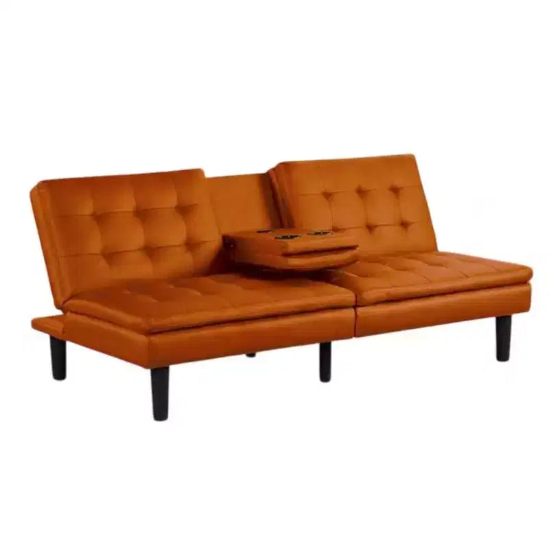 Sofá cama futón de 2 plazas de piel sintética naranja con mesa abatible