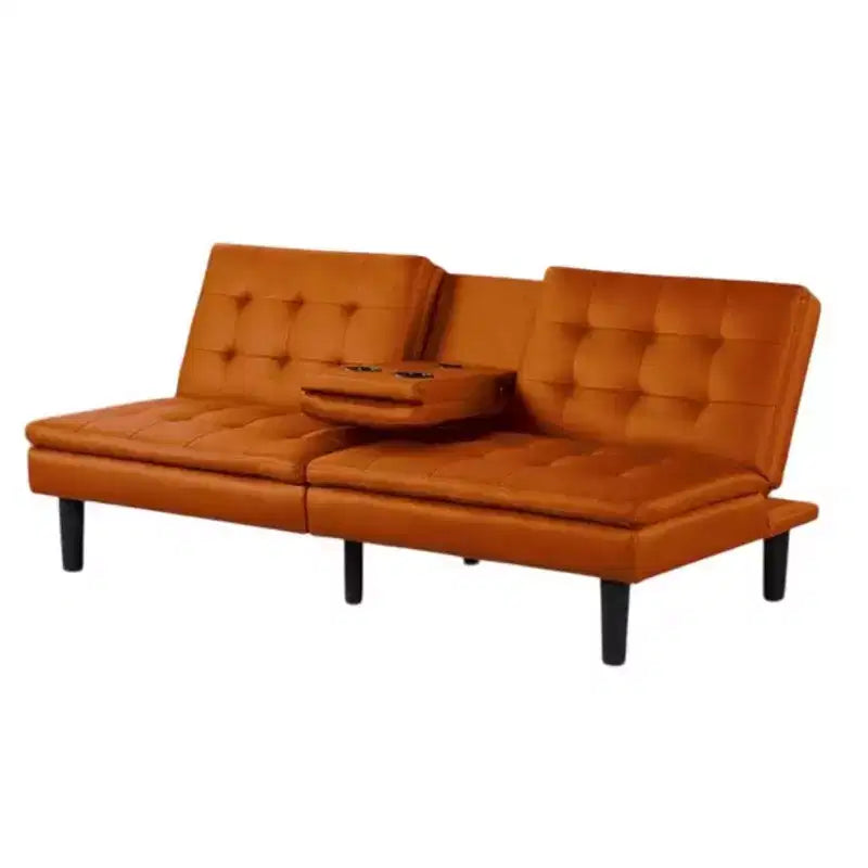 Sofá cama futón de 2 plazas de piel sintética naranja con mesa abatible