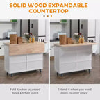 Isla de cocina blanca con ruedas, tablero extensible, cajones de almacenamiento y armario