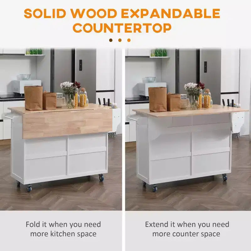 Isla de cocina blanca con ruedas, tablero extensible, cajones de almacenamiento y armario