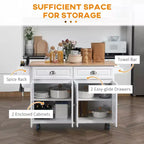Isla de cocina blanca con ruedas, tablero extensible, cajones de almacenamiento y armario