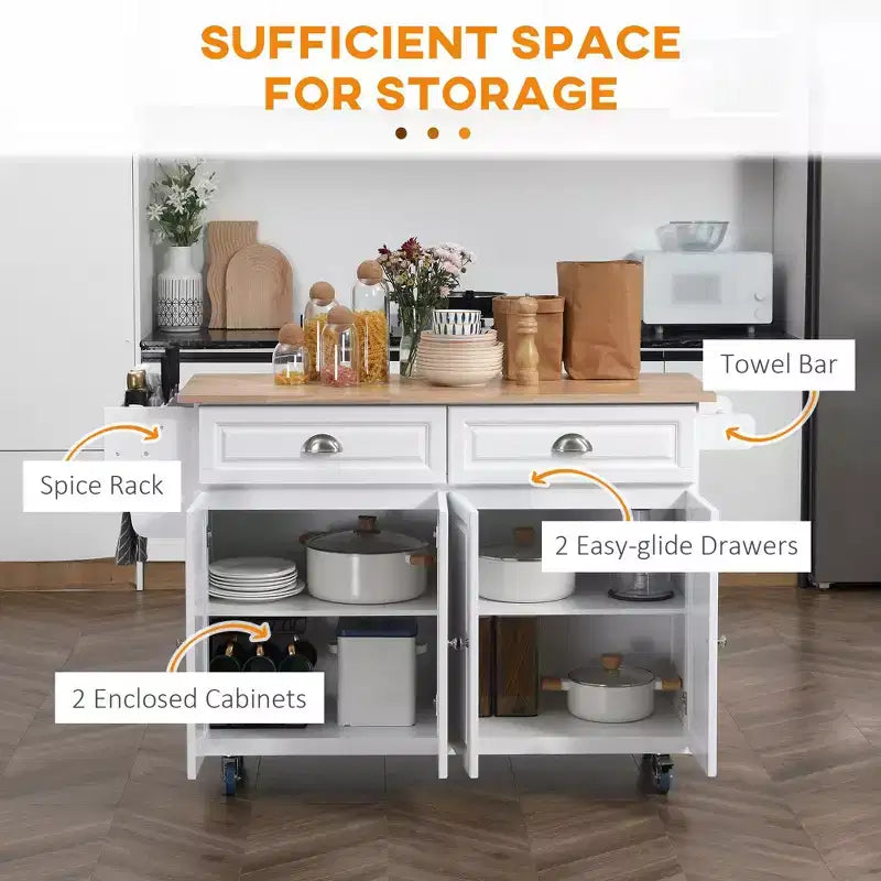 Isla de cocina blanca con ruedas, tablero extensible, cajones de almacenamiento y armario