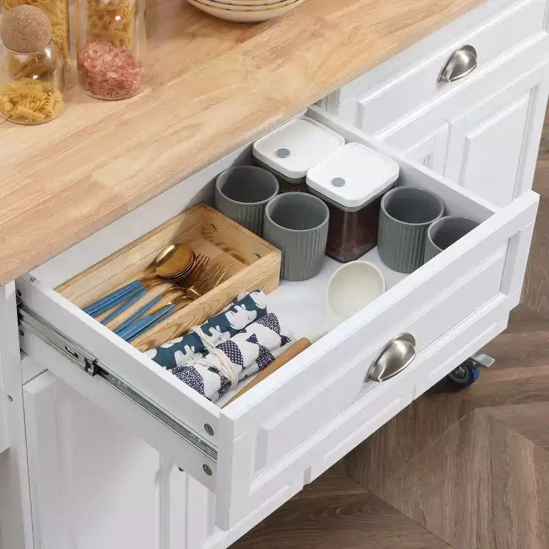 Isla de cocina blanca con ruedas, tablero extensible, cajones de almacenamiento y armario
