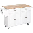 Isla de cocina blanca con ruedas, tablero extensible, cajones de almacenamiento y armario