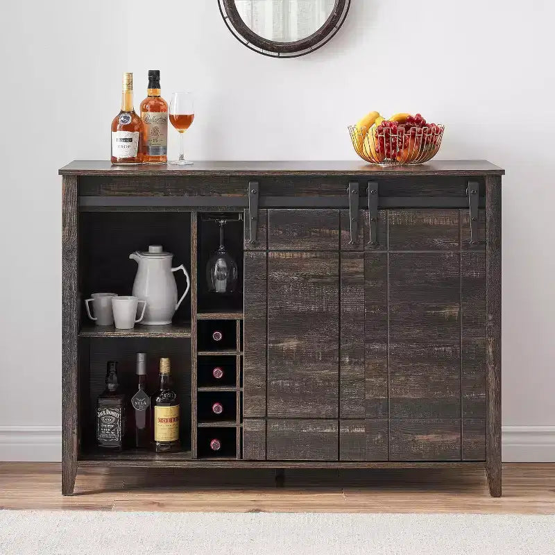 Armario botellero de madera de 119 cm Fire Color/Light Ivory/White+Mango con puerta corredera, botellero y portacopas