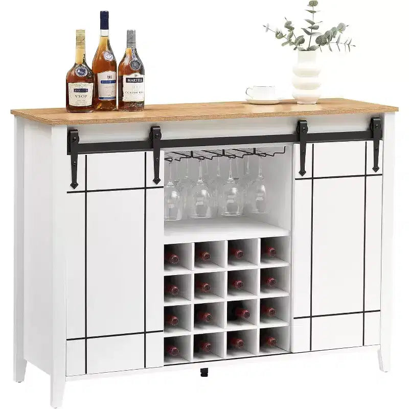 Armario botellero de madera de 119 cm Fire Color/Light Ivory/White+Mango con puerta corredera, botellero y portacopas