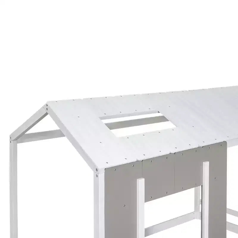 Cama de plataforma Twin House con techo y ventana - Blanco y gris antiguo