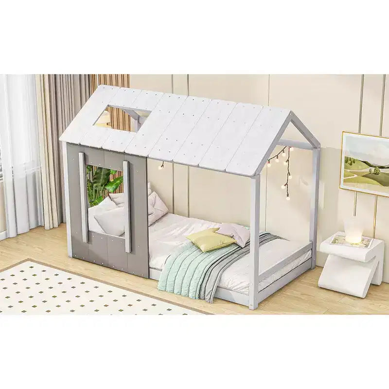 Cama de plataforma Twin House con techo y ventana - Blanco y gris antiguo