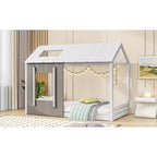 Cama de plataforma Twin House con techo y ventana - Blanco y gris antiguo