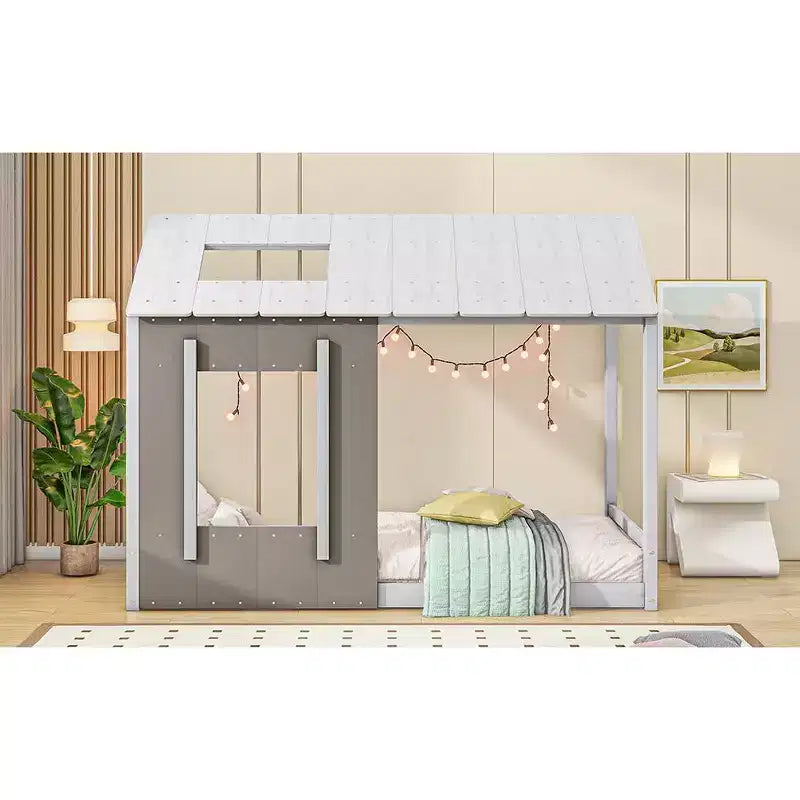 Cama de plataforma Twin House con techo y ventana - Blanco y gris antiguo