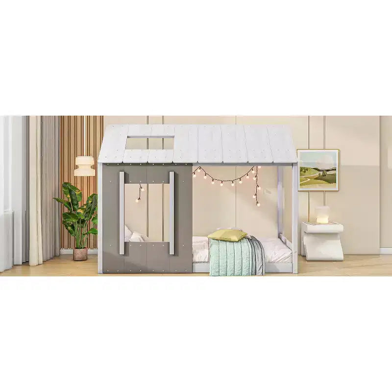 Cama de plataforma Twin House con techo y ventana - Blanco y gris antiguo