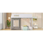 Cama de plataforma Twin House con techo y ventana - Blanco y gris antiguo