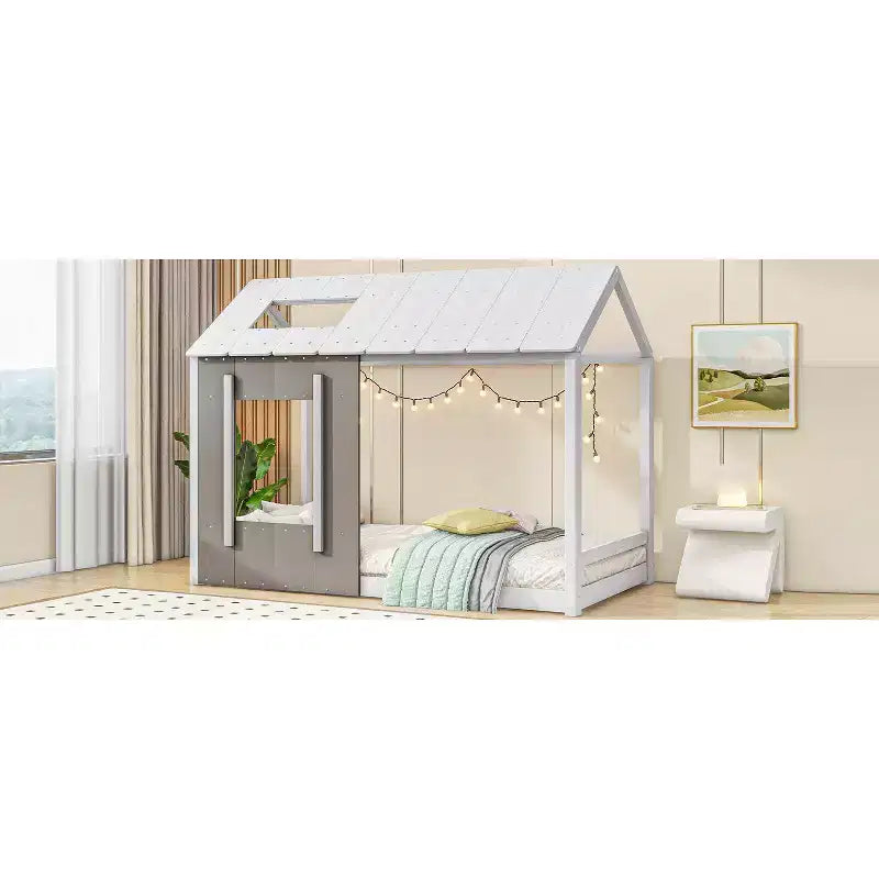 Cama de plataforma Twin House con techo y ventana - Blanco y gris antiguo