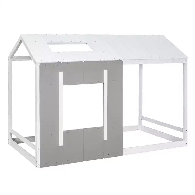 Cama de plataforma Twin House con techo y ventana - Blanco y gris antiguo