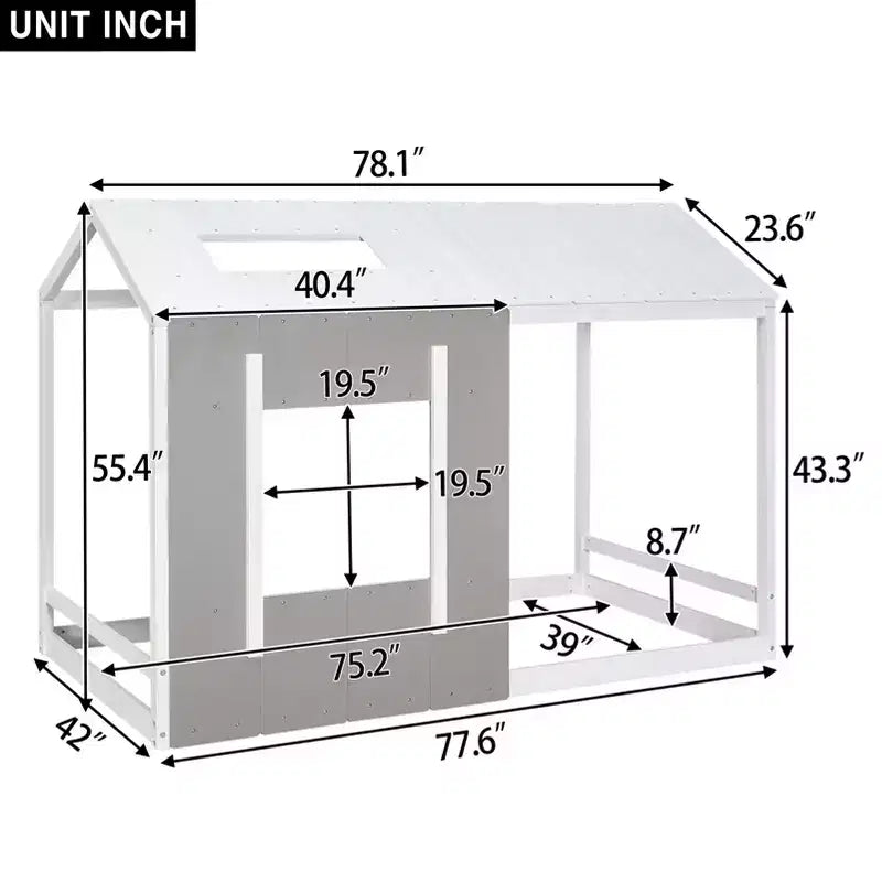 Cama de plataforma Twin House con techo y ventana - Blanco y gris antiguo