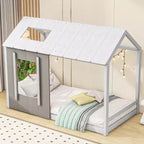 Cama de plataforma Twin House con techo y ventana - Blanco y gris antiguo