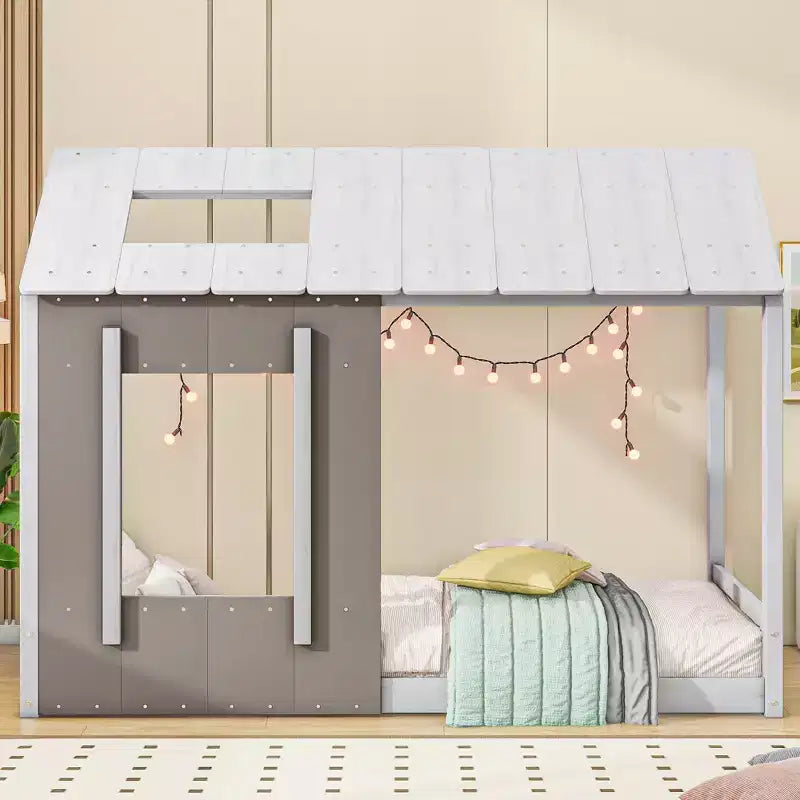 Cama de plataforma Twin House con techo y ventana - Blanco y gris antiguo