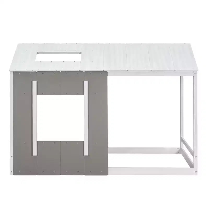 Cama de plataforma Twin House con techo y ventana - Blanco y gris antiguo