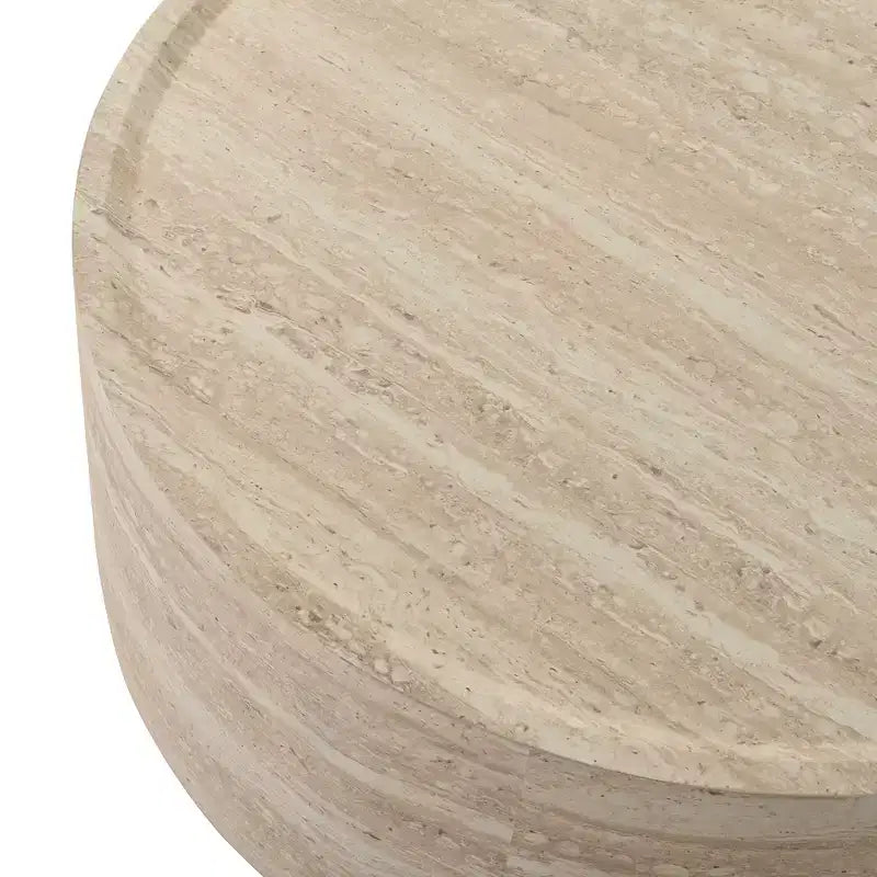 Mesa de centro/auxiliar redonda beige con pedestal, tapa de imitación mármol, no requiere montaje