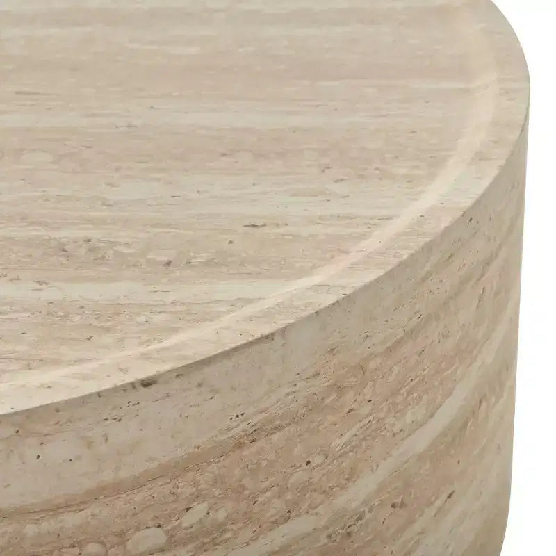 Mesa de centro/auxiliar redonda beige con pedestal, tapa de imitación mármol, no requiere montaje