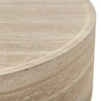 Mesa de centro/auxiliar redonda beige con pedestal, tapa de imitación mármol, no requiere montaje