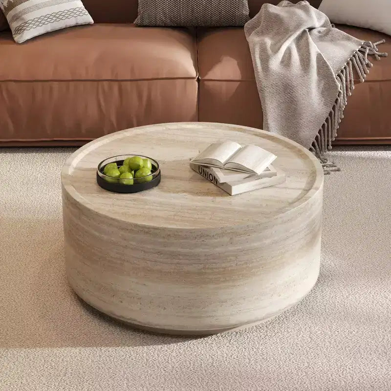 Mesa de centro/auxiliar redonda beige con pedestal, tapa de imitación mármol, no requiere montaje