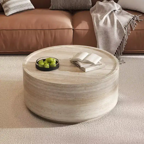 Mesa de centro/auxiliar redonda beige con pedestal, tapa de imitación mármol, no requiere montaje