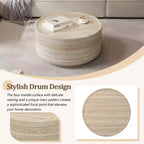 Mesa de centro/auxiliar redonda beige con pedestal, tapa de imitación mármol, no requiere montaje
