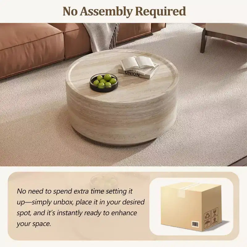 Mesa de centro/auxiliar redonda beige con pedestal, tapa de imitación mármol, no requiere montaje