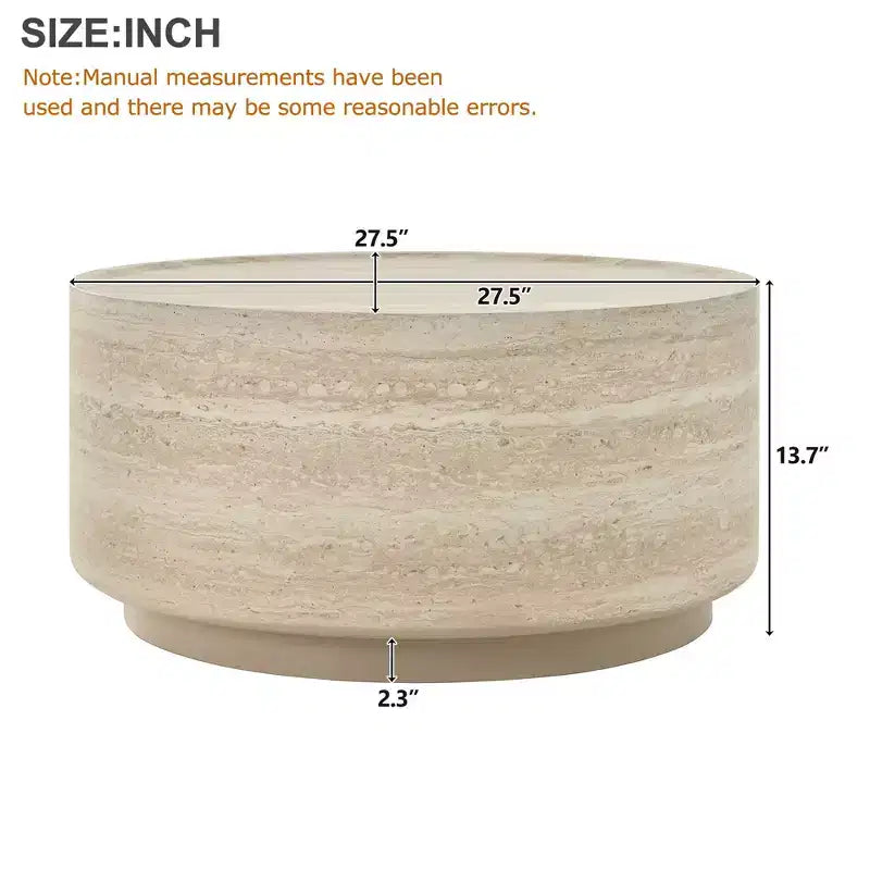 Mesa de centro/auxiliar redonda beige con pedestal, tapa de imitación mármol, no requiere montaje