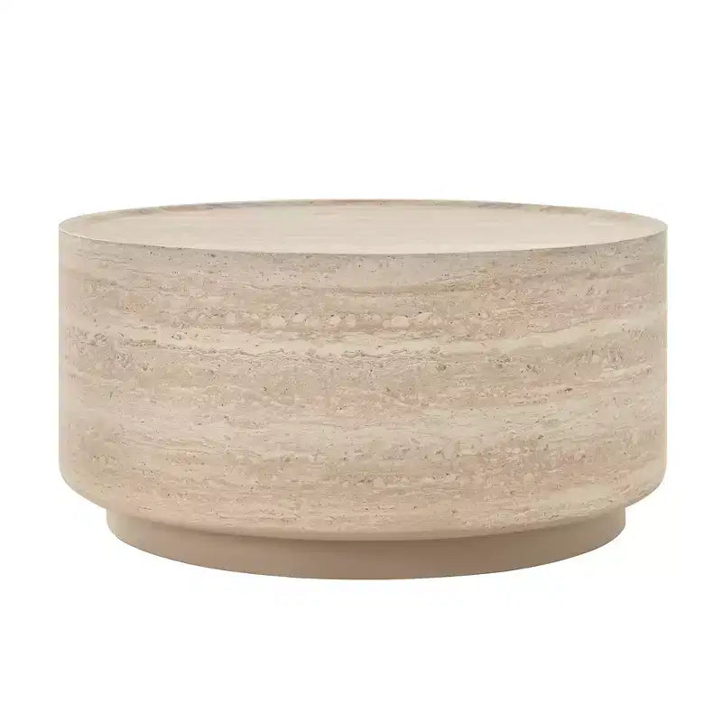 Mesa de centro/auxiliar redonda beige con pedestal, tapa de imitación mármol, no requiere montaje