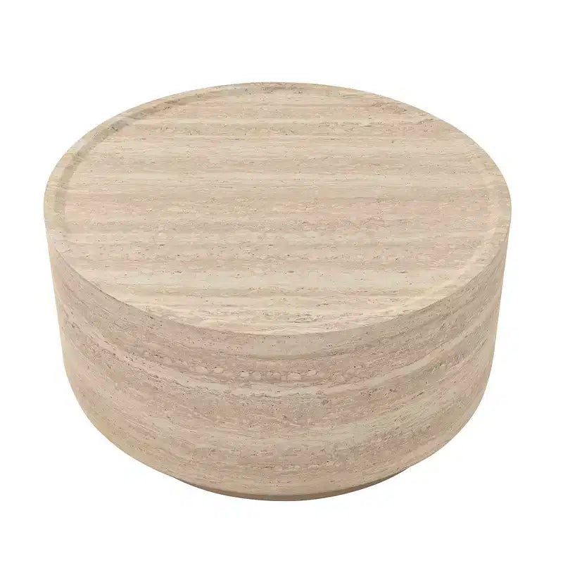 Mesa de centro/auxiliar redonda beige con pedestal, tapa de imitación mármol, no requiere montaje