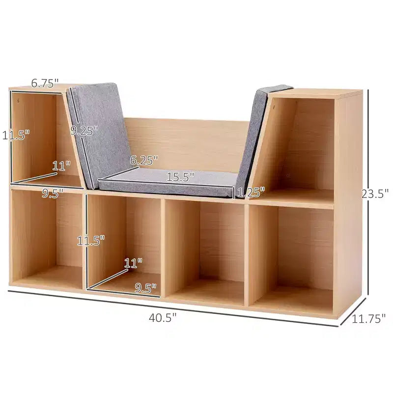 Banco de Almacenamiento Infantil de 6 Cubos con Cojín, Gris/Natural, para Mayores de 3 Años