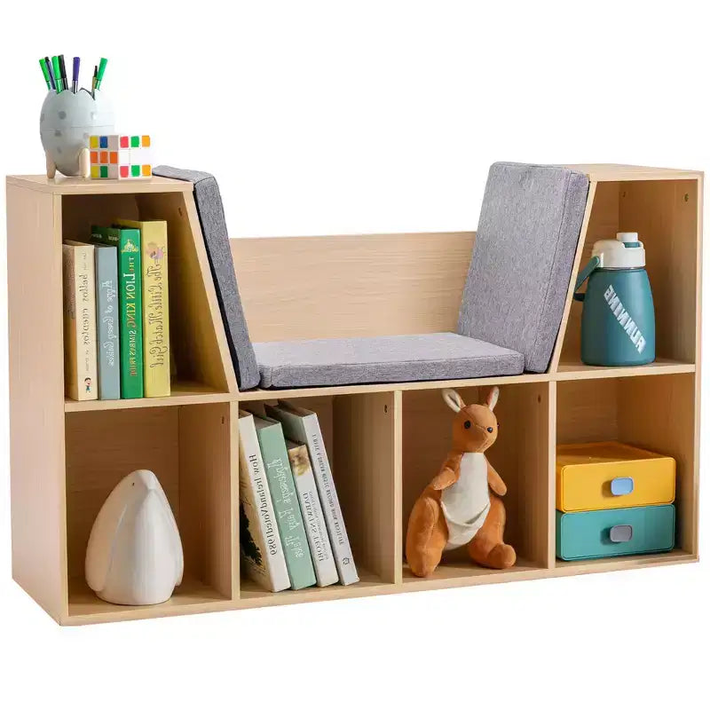 Banco de Almacenamiento Infantil de 6 Cubos con Cojín, Gris/Natural, para Mayores de 3 Años