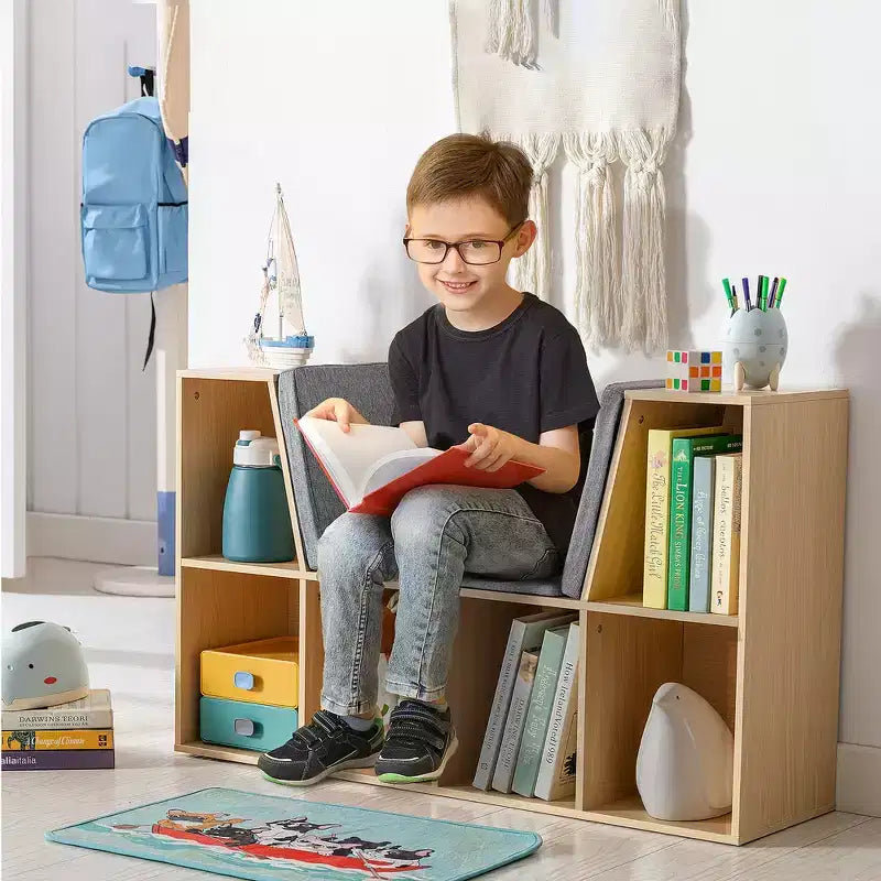 Banco de Almacenamiento Infantil de 6 Cubos con Cojín, Gris/Natural, para Mayores de 3 Años