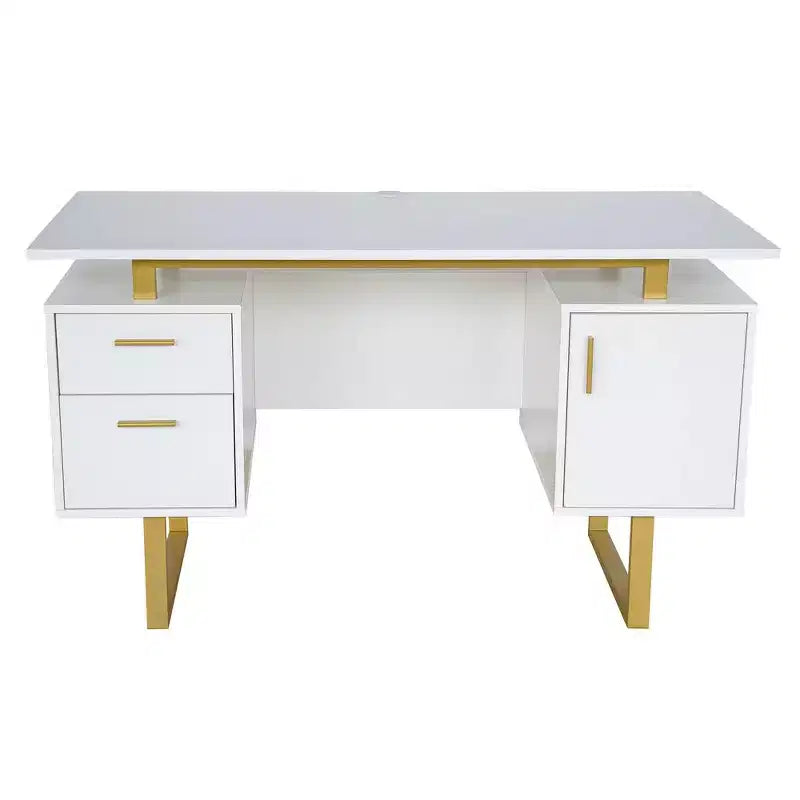 Escritorio moderno de computadora blanco y dorado con cajones – Una persona