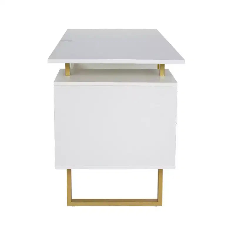 Escritorio moderno de computadora blanco y dorado con cajones – Una persona