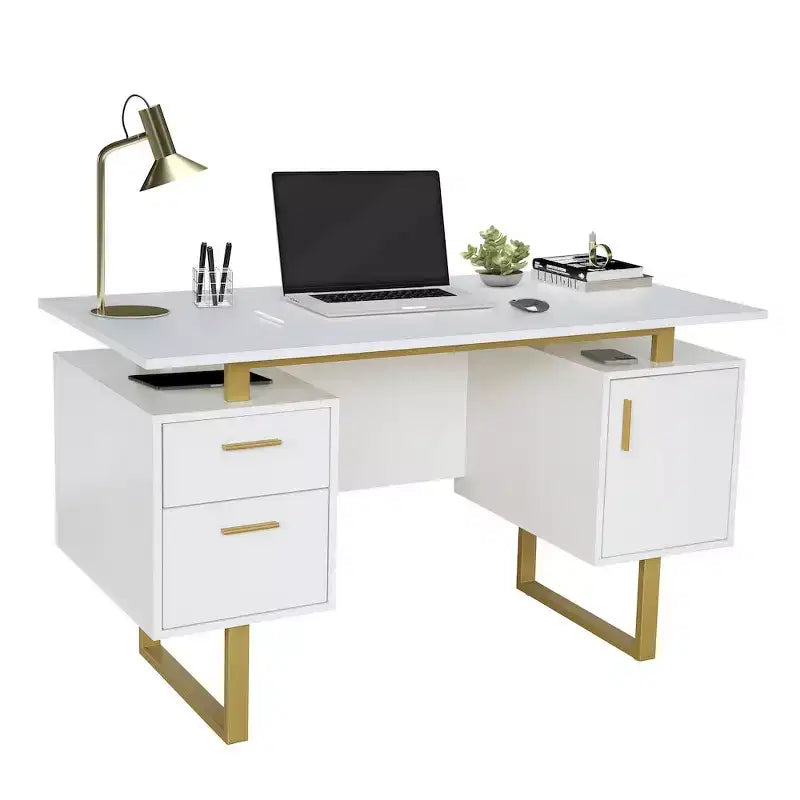 Escritorio moderno de computadora blanco y dorado con cajones – Una persona