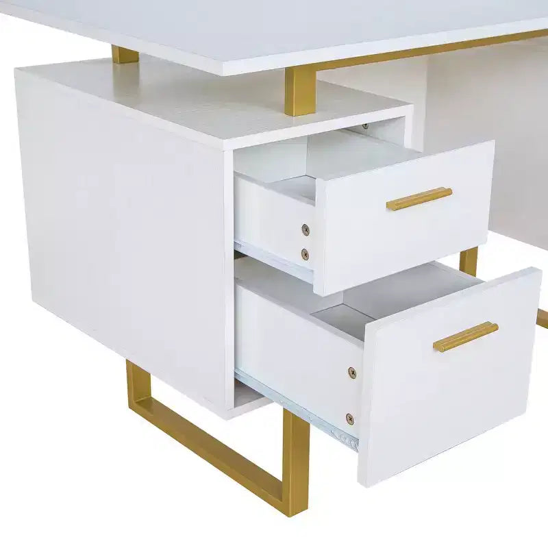 Escritorio moderno de computadora blanco y dorado con cajones – Una persona