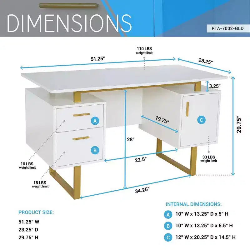 Escritorio moderno de computadora blanco y dorado con cajones – Una persona