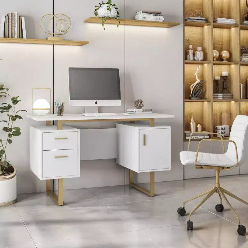 Escritorio moderno de computadora blanco y dorado con cajones – Una persona
